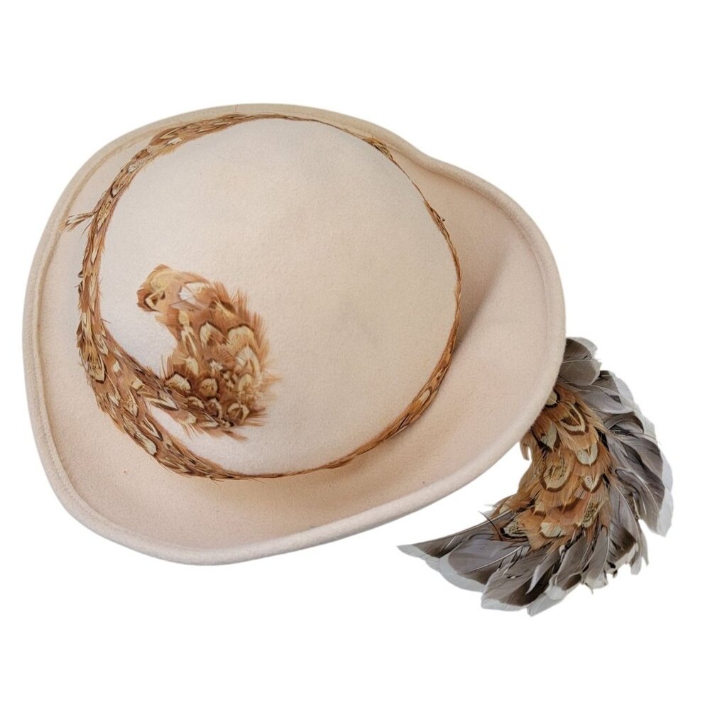 Vintage Cream Wool Derby Hat w/ Feather Embellishments By Jack McConnell  21" - Picture 4 of 6